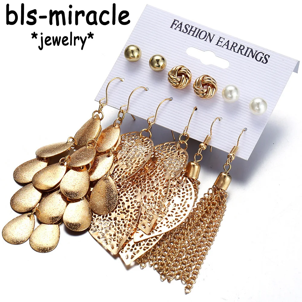 

Bls-miracle Bohemia Leaves Drop Tassel Earrings For Women Multilayer Sequins Simulated Pearl Beads Earring Set Statement Jewelry