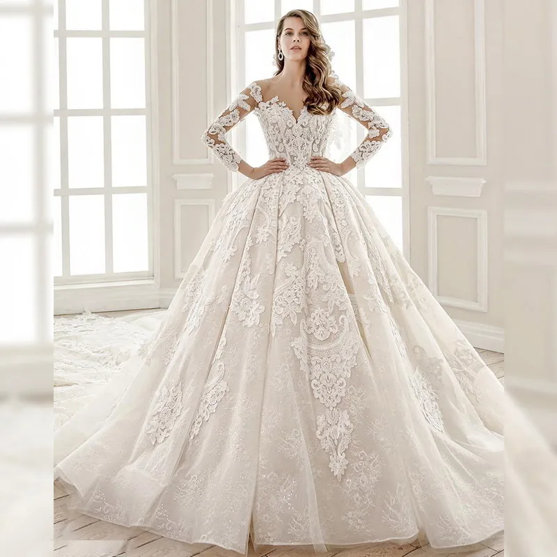 Роскошное Свадебное платье принцессы с бусинами; юбка-лебедка; SZ01; бальное платье с длинными рукавами и аппликацией; кружевное свадебное платье; Иллюзия; Vestido de novia - Цвет: Слоновая кость