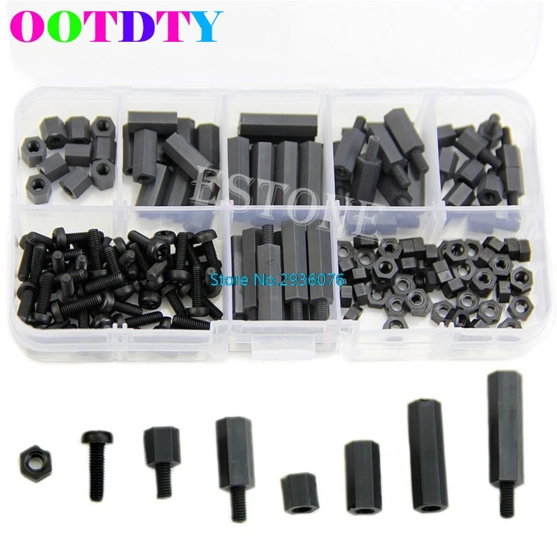 

OOTDTY 160Pcs/set M3 Nylon Black M-F Hex Spacers Screw Nut Assortment Kit Stand off Set Box MY2_30