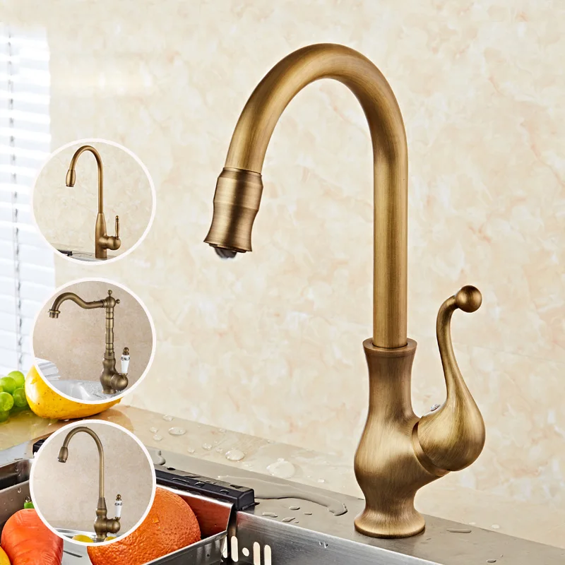 

European antique copper kitchen faucet and Vintage American vegetable washing basin, basin rotary single sink faucet