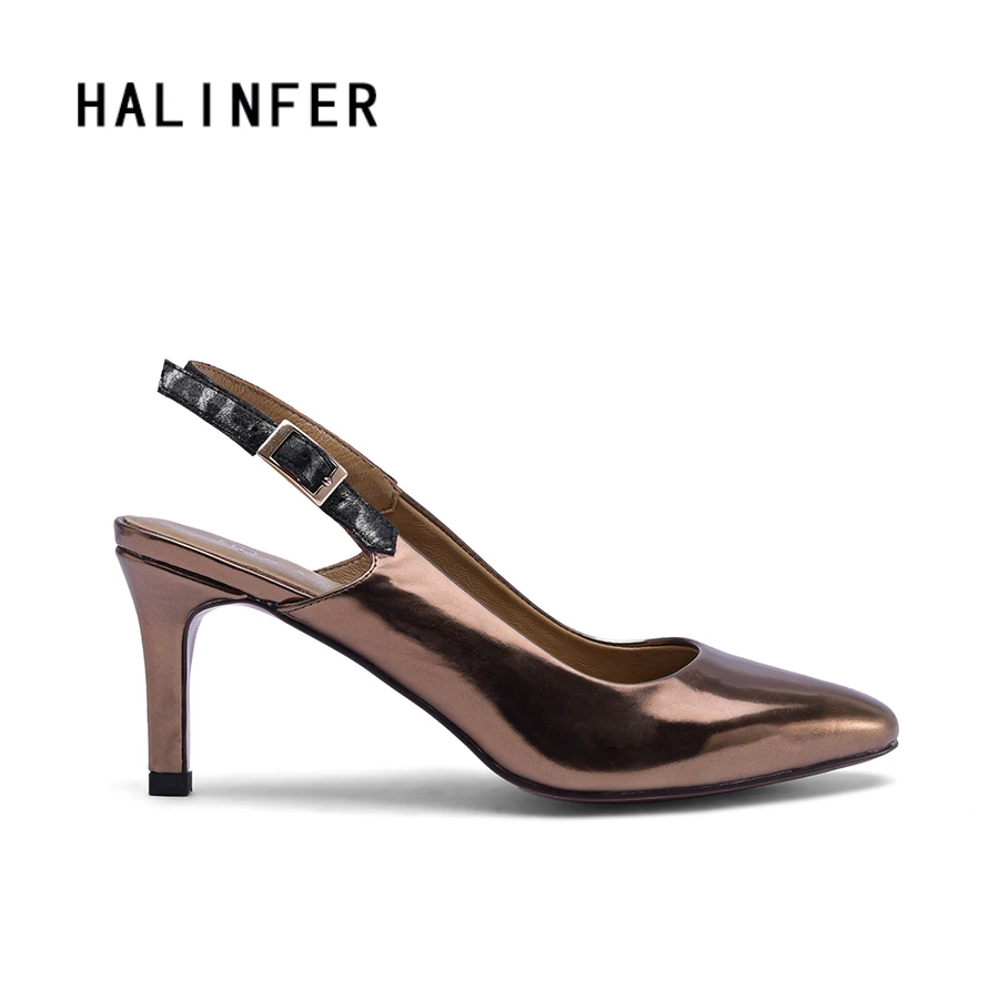 HALINFER высокие каблуки для женской обуви золото кожа классика slingback пряжка ремень