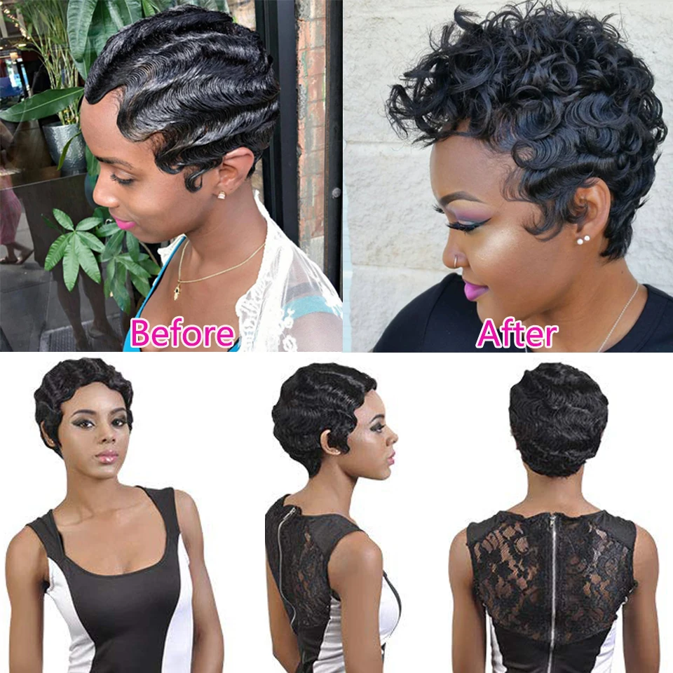 Short Pink Curly Synthetic Wig For Black Women Finger Wave Wig