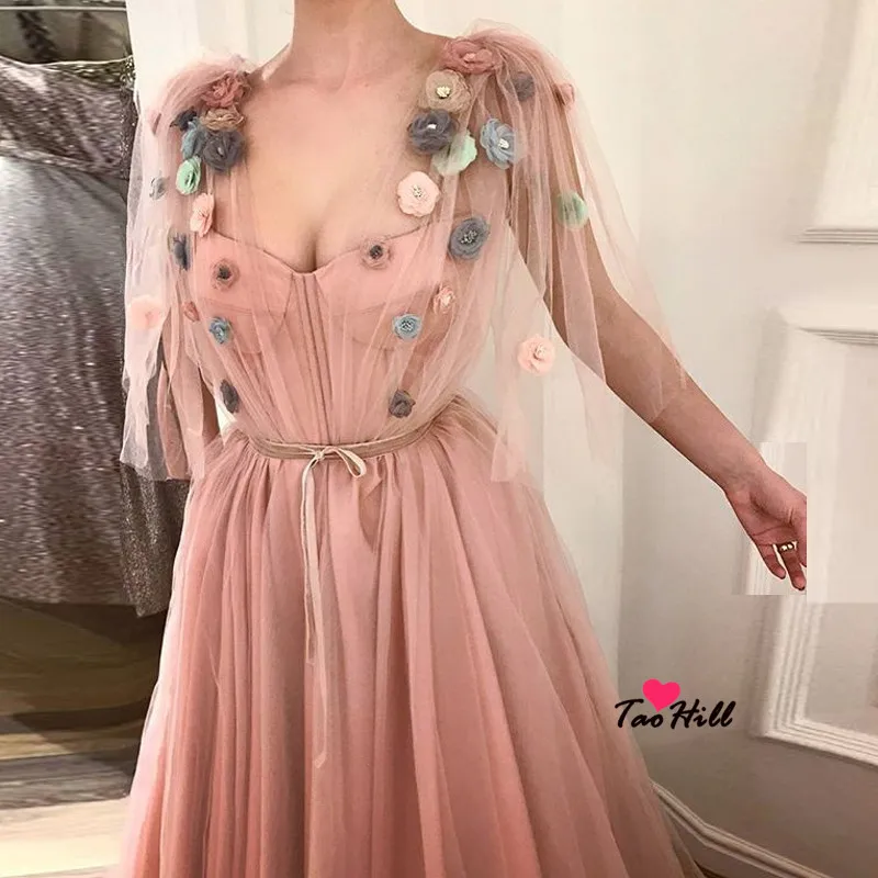 TaoHill/розовые вечерние платья трапециевидной формы с v-образным вырезом и рукавами-крылышками с цветочным принтом и бантом на талии vestido de festa Longo