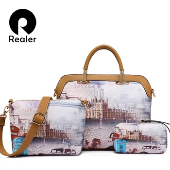 

REALER brand 3 pcs bag sets women printed handbag female composite bag artificial leather tote bag+small shoulder bag+coin purse