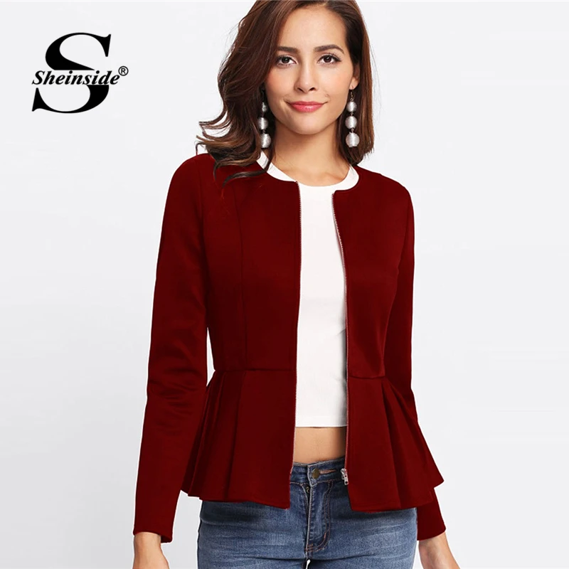 Sheinside Zip Up Box Pleated Peplum Autumn Jacket Women Ruffle Bolero Workwear 2018 Clothes Slim Outerwear Burgundy Womens Coats Sheinside Zip Up Box Pleated Peplum Autumn Jacket Women Ruffle Bolero Workwear 2018 Clothes Slim Outerwear Burgundy Womens Coats