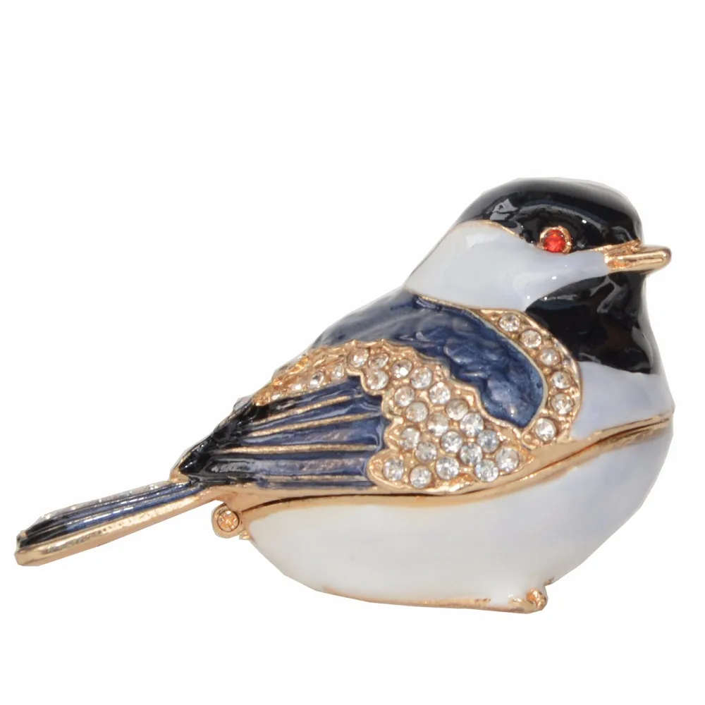 Chickadee Bird Trinket Jewelry Box Enameled Box Crystals Figurine Bird