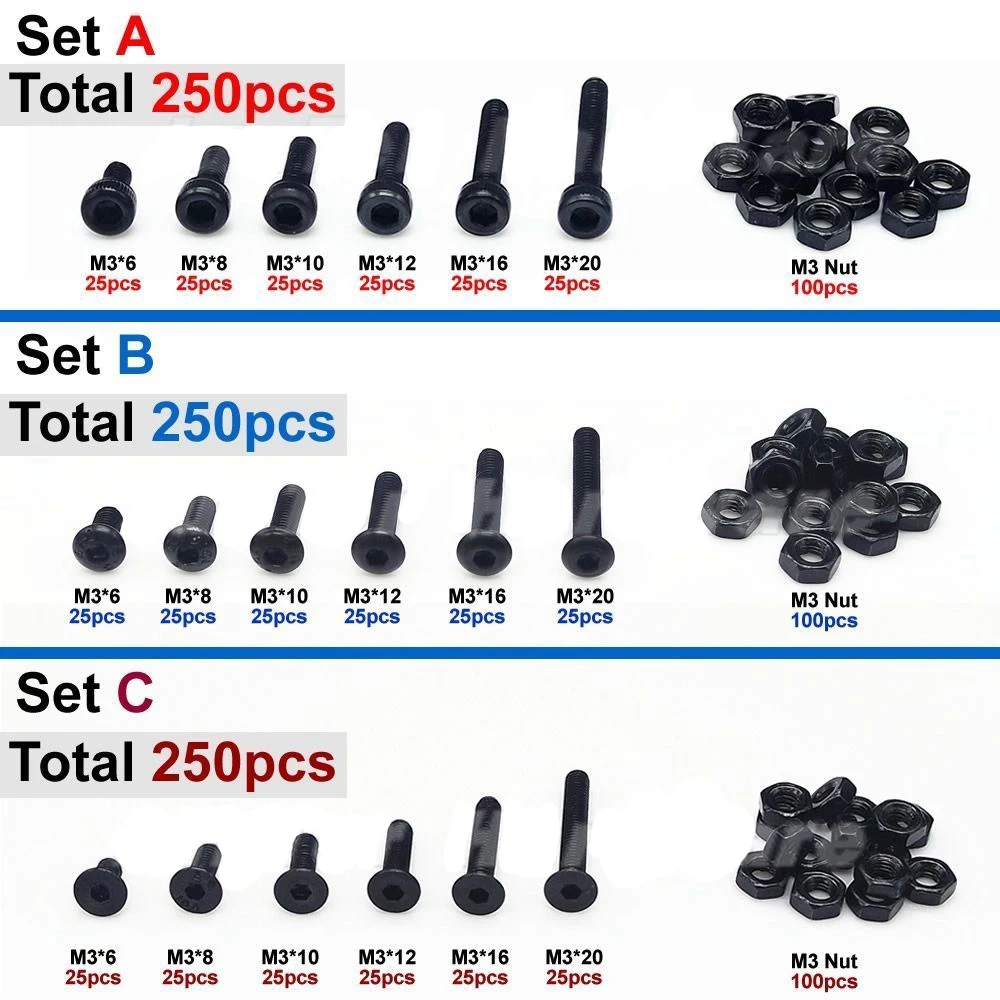 

250pcs M3 Black High Tensile Allen Bolts With Hex Nuts Screw Assortment