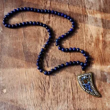Горячая ручной работы бисером длинное ожерелье лазурит натуральный камень Молитвенные Четки ожерелье с подвеской в виде единорога