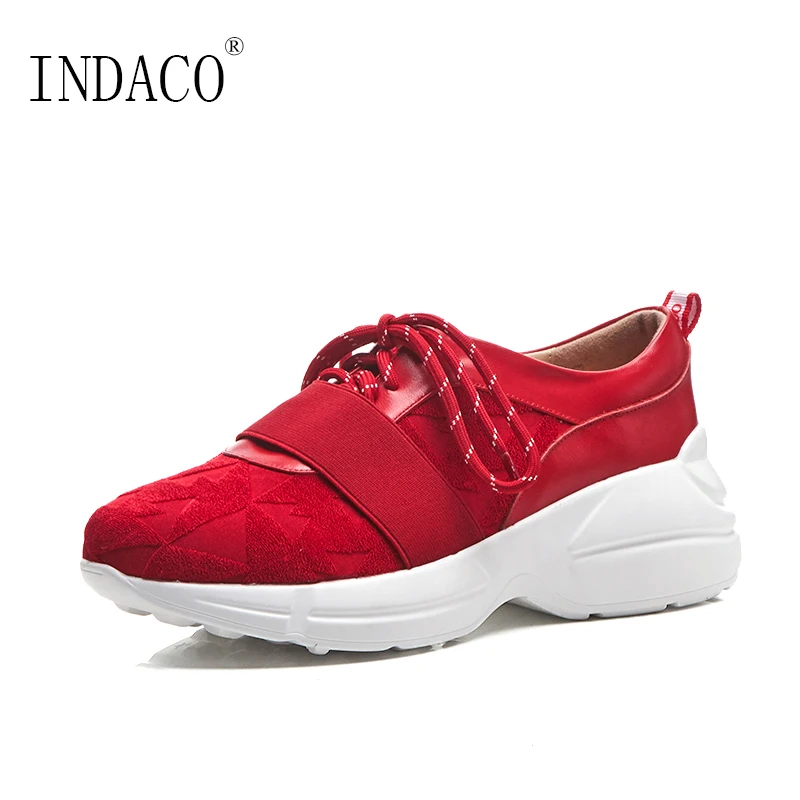 

2019 Autumn Red Fashion Sneakers Women Platform Leather Lace Up Casual Shoes 6cm