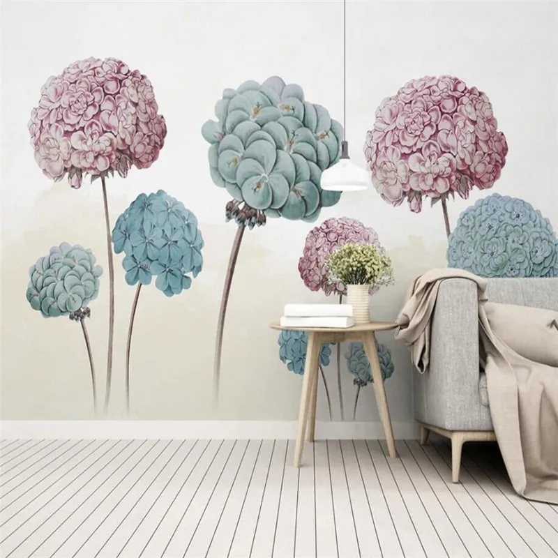 

European retro hand-painted hydrangea flower TV background wall custom wallpaper mural