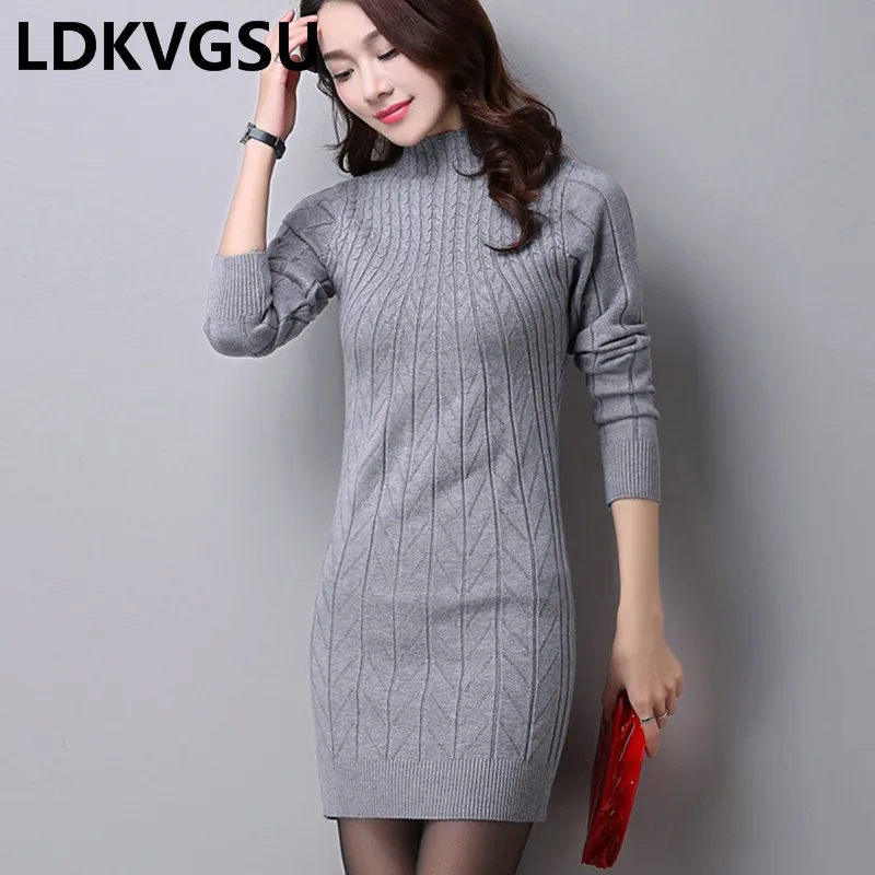 

2018 Autumn Winter Women Sweater Dress Half Turteneck Slim Female Solid Color Pullover Knit Dress Multicolor Large Size Is254