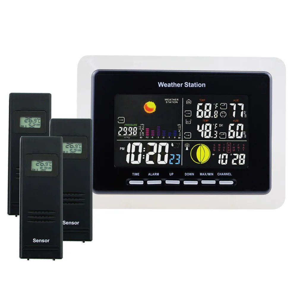 

Weather Station Alarm Temperature and Humidity Indicator Alarm 8 Function Keys DCF RCC Receiver + 3 Wireless Sensors