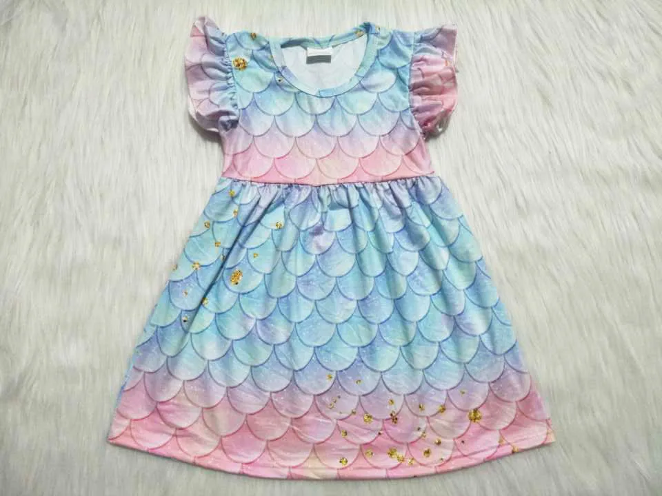 

2019 new dress color Fish scale print small flying sleeve simple dress