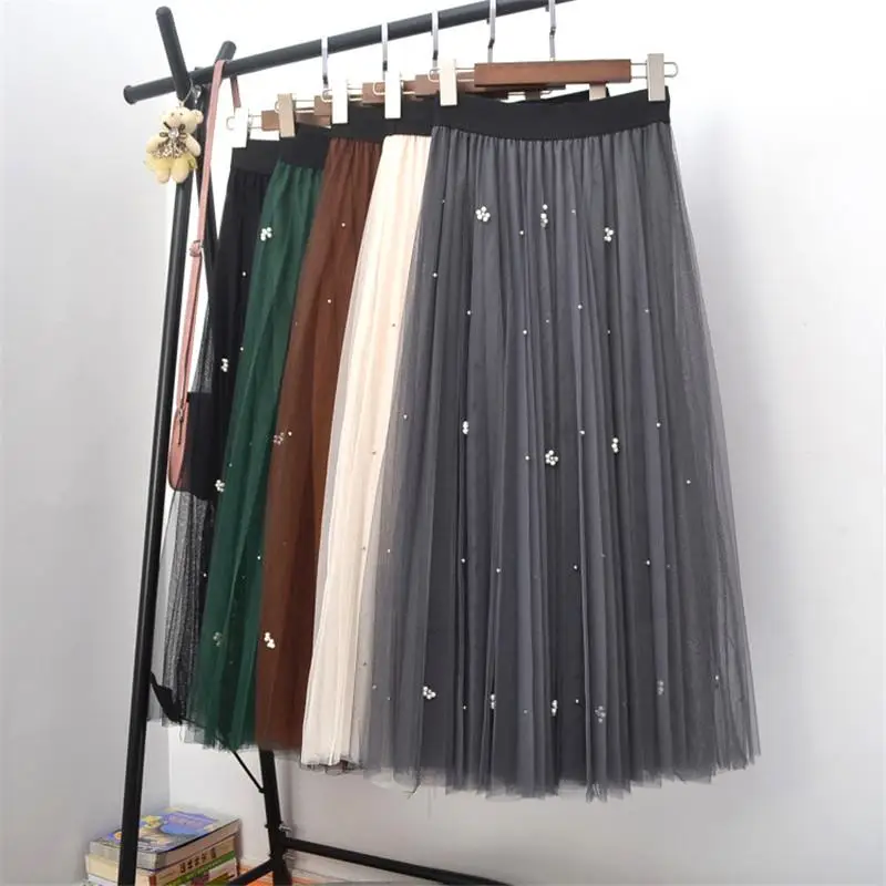Vrouwen Kralen Tulle Lovertjes rok 2018 Herfst Galaxy Mesh Tule Rok Vrouwelijke Parel Tutu Elastische Taille Vintage Geplooide Rok X10 Vrouwen Kralen Tulle Lovertjes rok 2018 Herfst Galaxy Mesh Tule Rok Vrouwelijke Parel Tutu Elastische Taille Vintage Geplooide Rok X10