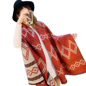 

Women Ethnic Rhombic Plaid Pattern Scarf Faux Cashmere Thick Long Scarves Shawl