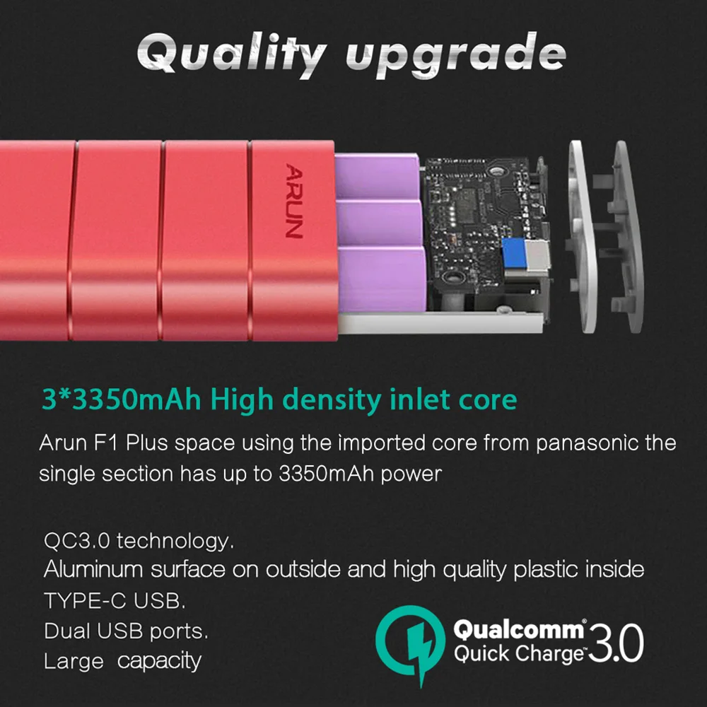 ARUN 10000 mAh power Bank QC3.0 интеллектуальная Внешняя батарея type c 2 USB Портативное мобильное