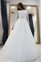 2019 винтажное свадебное платье с длинным рукавом Кружева бисерные пояса с кристаллами ожерелье для выреза "лодочка" Sweep Train A-Line Свадебные
