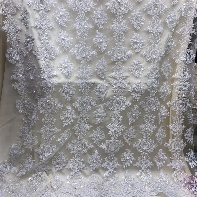 

Latest Nigerian Laces White African Embroidered High Quality Wedding Dress Lace Italy French Beaded Tulle Lace Fabric X1061-1