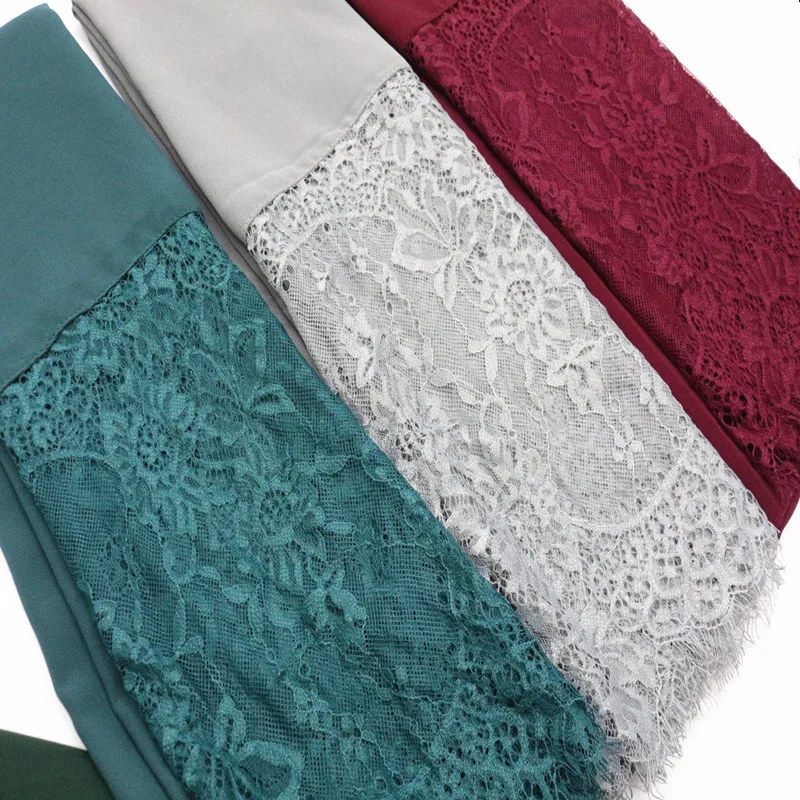 

ZFQHJJ Women Plain Bubble Chiffon Floral Lace Patchwork Shawl Head Wraps Scarf Islamic Muslim Arab Turkey Hijabs Tudung Scarves