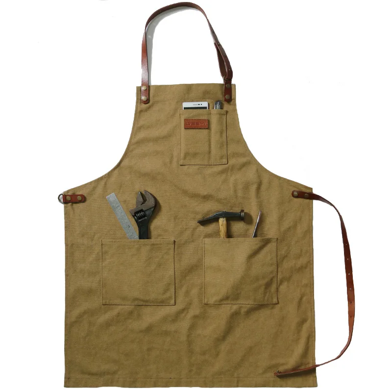 WEEYI Fashion Canvas Coffee Shop Aprons Carpenter Barber Working Apron Bib Woodworker Chef Cooking Kitchen Aprons For Woman Man - Цвет: Brown