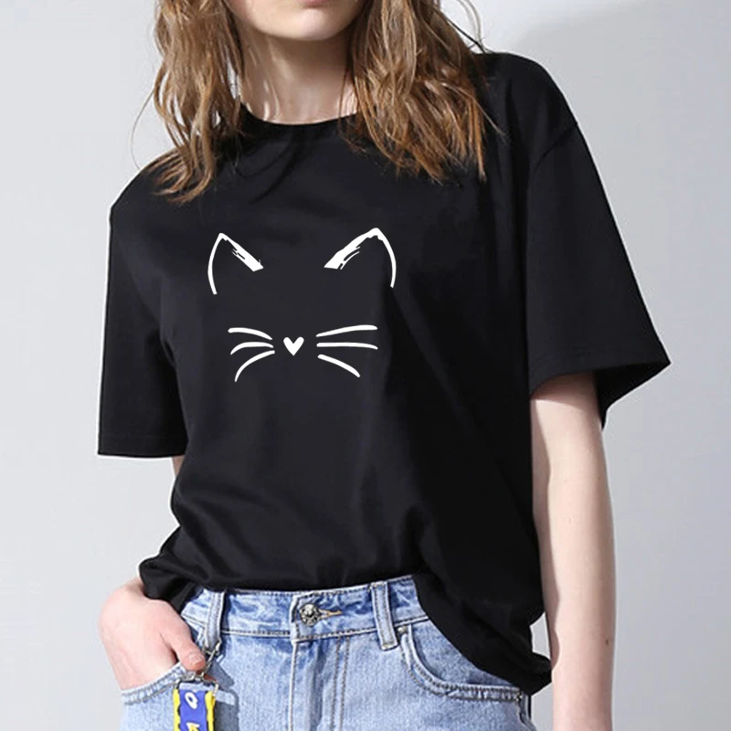 100% Cotton Meow Print Women T shirt Cat T Shirt Casual Funny Shirt For ...