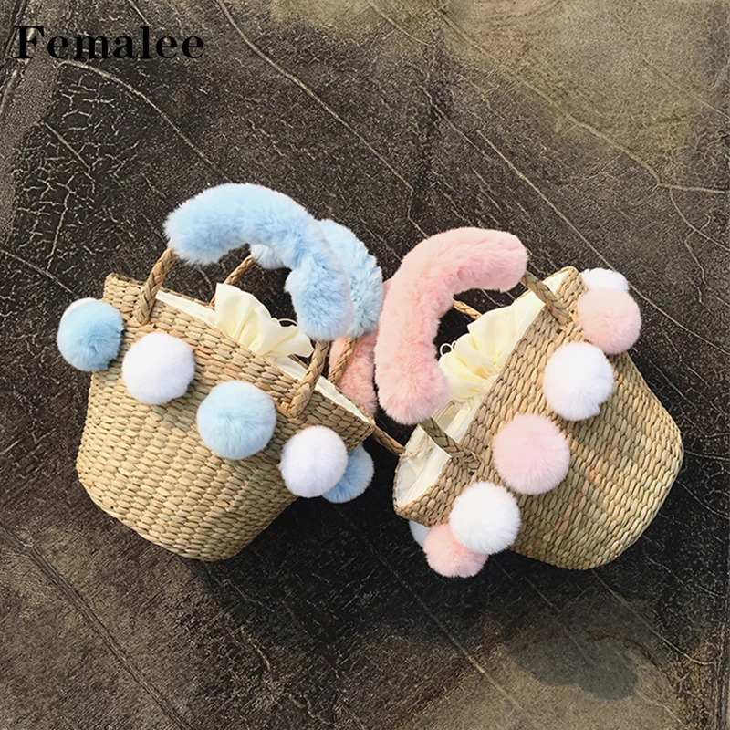 

FEMALEE Pompom Rex Rabbit Ball Bohemian Women Weave Handbags Casual Sweet Cute 2018 Beach Holiday Handle Plait Totes Travel Bag