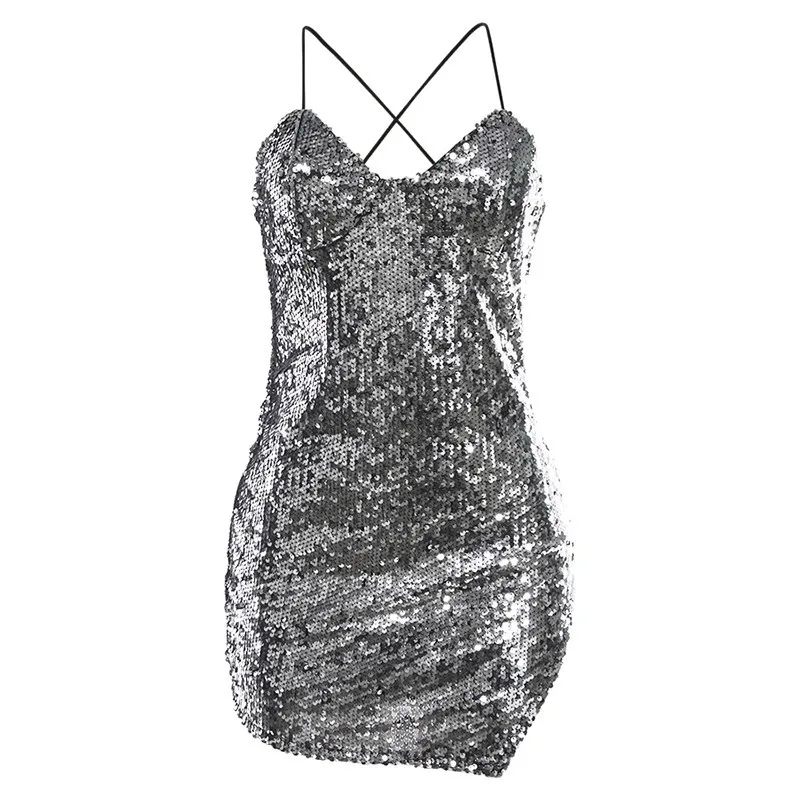 

Summer Fashion Sequin Backless Dress Sexy V-Neck Side Split Mini Party Dress Sleeveless Glitter Nightout Club Dress Female