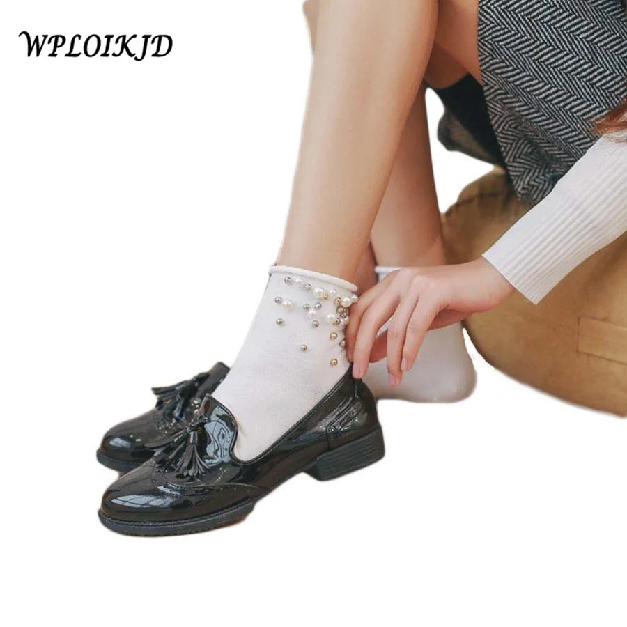 [WPLOIKJD] Новые модные милые хлопковые носки ручной работы с жемчугом золотого и серебряного цветов забавные женские носки короткие женские носки для девочек Harajuku Calcetines Mujer