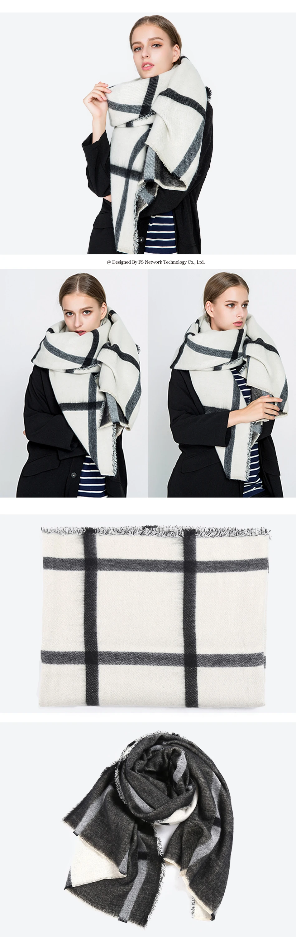 FS черно-белые клетчатые длинные шерстяные кашемировые шарфы Утепленные зимние женские Echarpe одеяло шарф большой палантин пончо шали модные