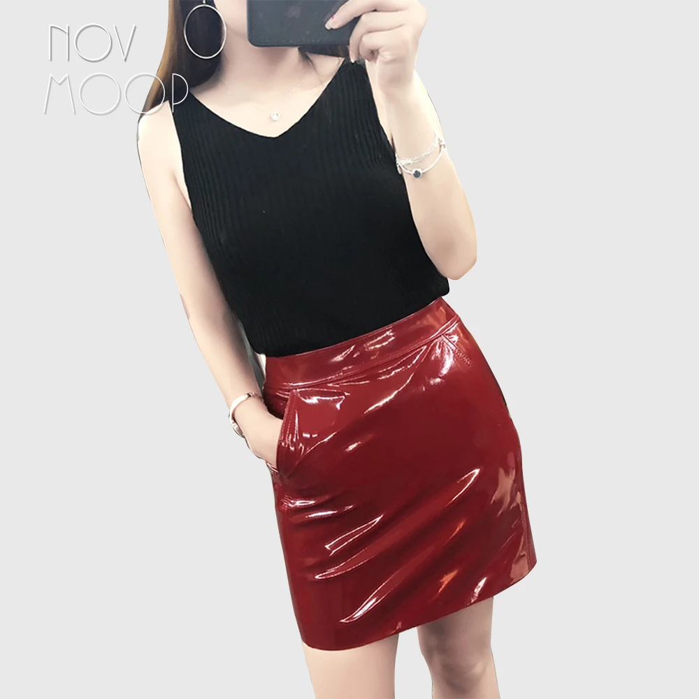 

2018 New women red black genuine leather real lambskin patent leather mini pencil skirt faldas mujer etek jupe plus size LT2628