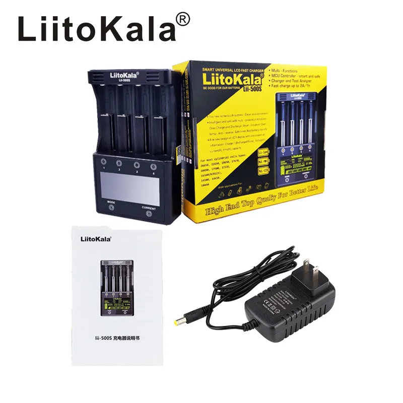 Liitokala lii-500 lii-500S ЖК-дисплей 3,7 в 1,2 в 18650 26650 21700 зарядное устройство с экраном, проверьте емкость аккумулятора с сенсорным управлением - Цвет: US-lii-500S.adapter