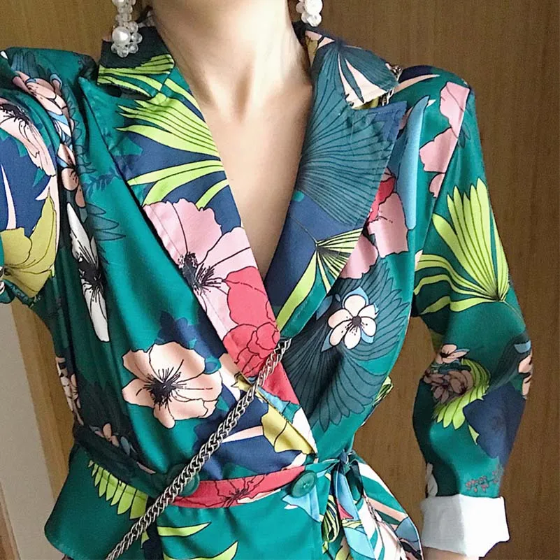 NiceMix 2019 Autumn New Blazer For Women Printing Mid-ling Style Belted Long Sleeve Jackets Elegant Loose Suits Female Veste Fem