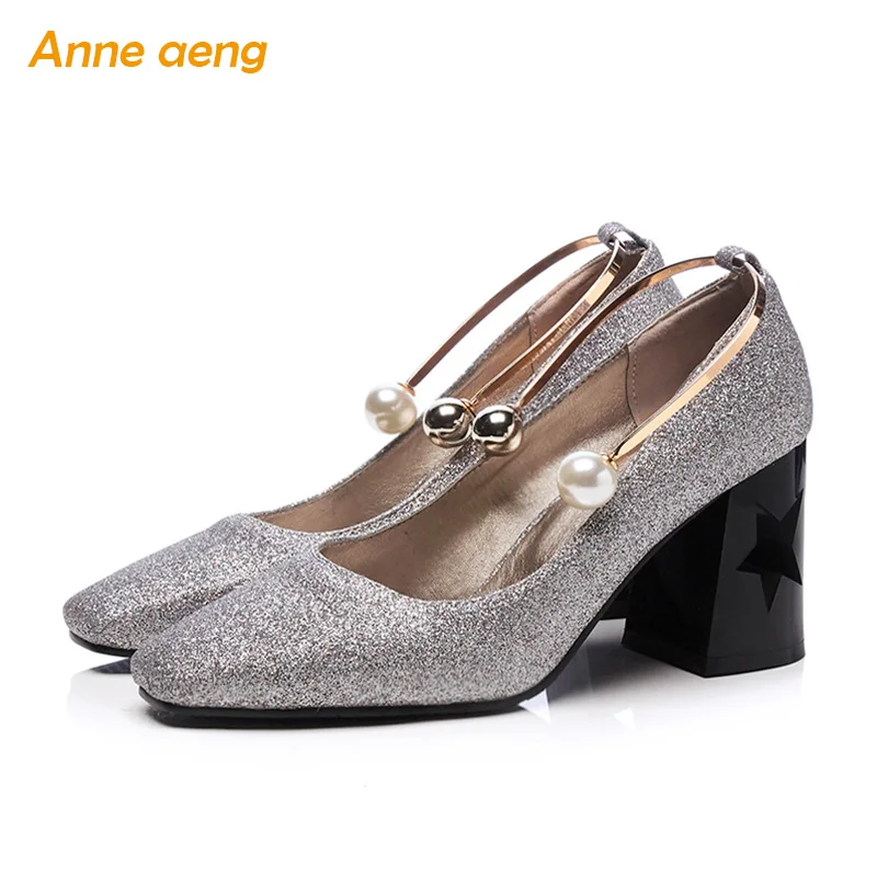 

2018 new designed sping summer women shoes 8cm high block pumps big pearl square toe bling elegant office lady party queen 34-46