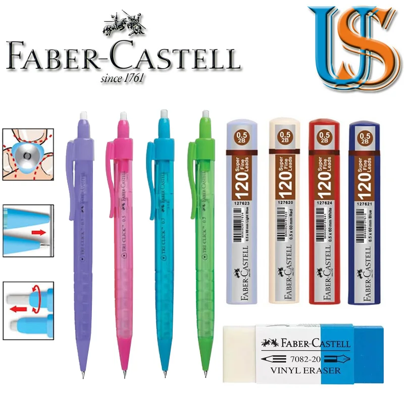

Faber Castell Tri Click 1362 0.5mm Mechanical Pencil + F.C. 127621 0.5X60 mm (120 pcs in box) + F.C. 188220 Pencil Ink Eraser
