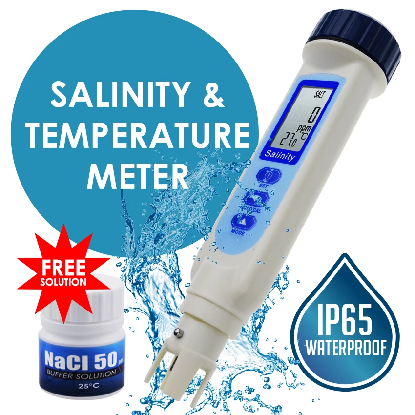 

Pen Type Salinity & Temperature Meter Water Quality Tester ATC ppm / ppt / % / S.G. 4 Units Salt NaCl for Hydroponics Lab Pond