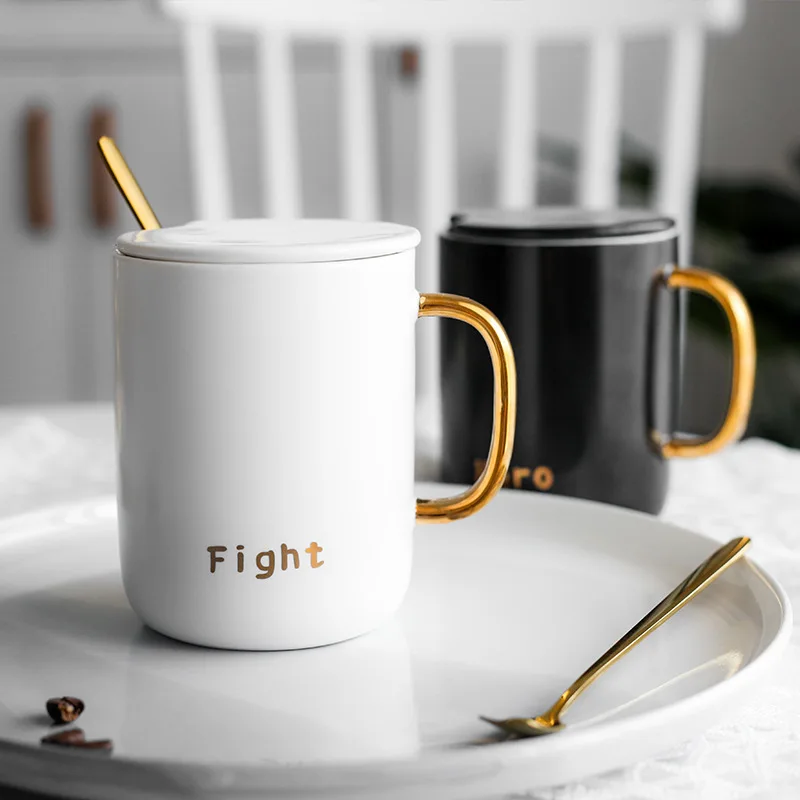 

Fight Matte White Black Gold Ceramic Coffee Milk Mug with Spoon Lid Black and Gold Porcelain Cup 400ML Home Water Drinkware