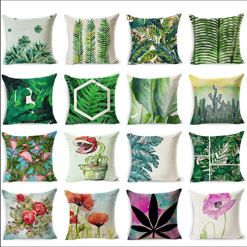 

18" quality Home decorative pillows cotton linen throw pillow green leaves print cozy seat back cushion bedding pillowcase LXC