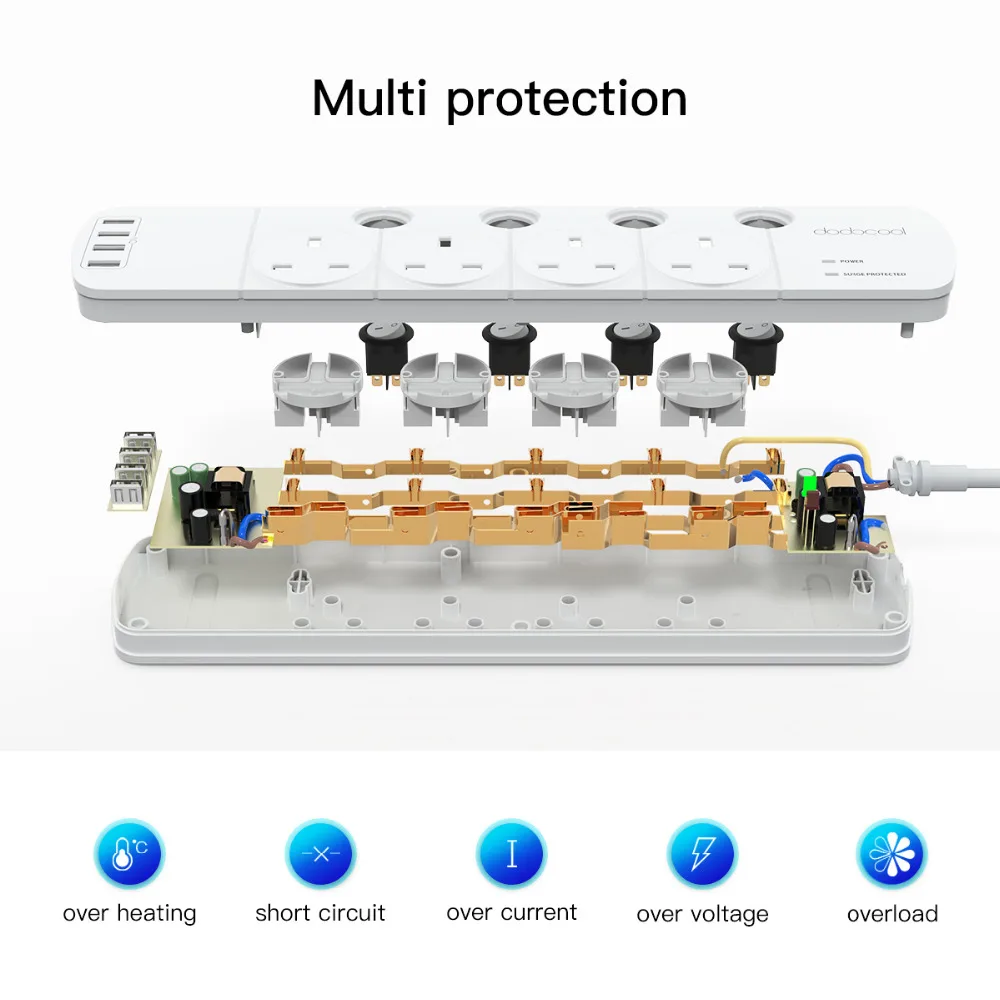 dodocool Surge Protector Power Strip with 4 USB Charging Ports and 4-Outlets Overload Protection Individually Controlled Switch