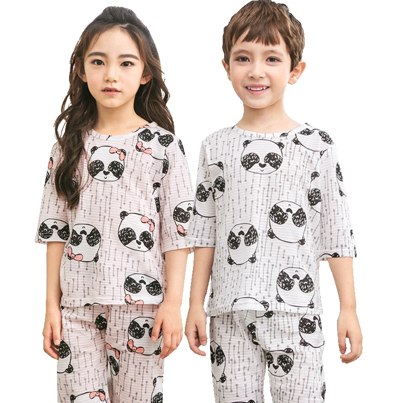 

Children cotton boys girls short sleeve shorts grey summer home round neck cartoon printed pajamas on sale 61001