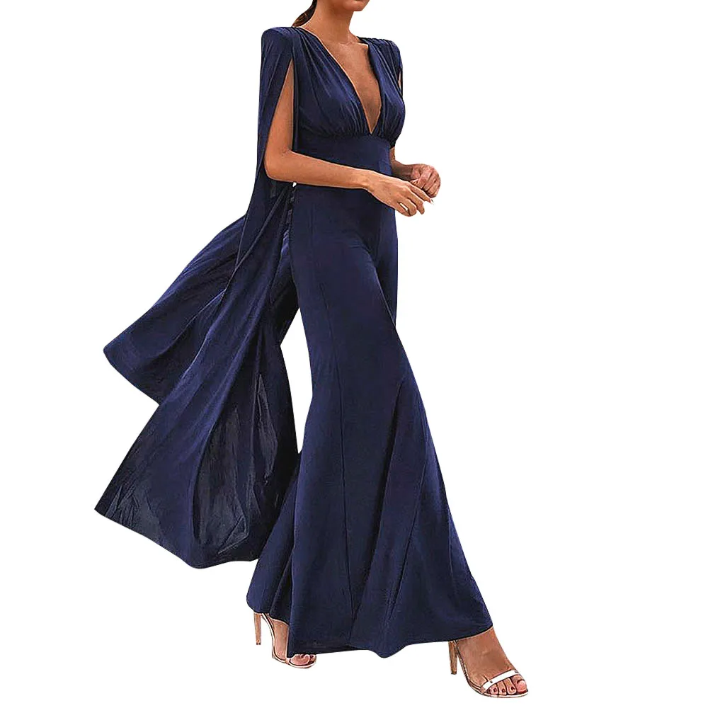 

Rompers women jumpsuit Female Summer Fashion Mini Clubwear Casual Deep V-Neck Long Sleeve Wide Legs Solid Playsuit