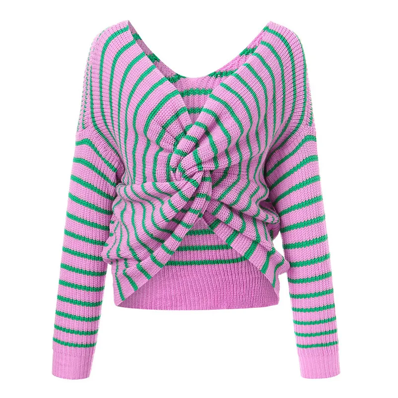 NEW Fashion sweater women winter 2018 Casual Solid Knitted Striped Sweater Back Tie Long Sleeve Pullover Top Blouse O05#N (6)