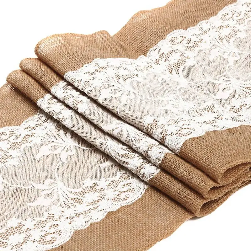 

275x30cm Hessian Vintage Rustic Burlap Linen Fabric With Lace For Table Runner Tablecloth Wedding Home Decor DIY Material