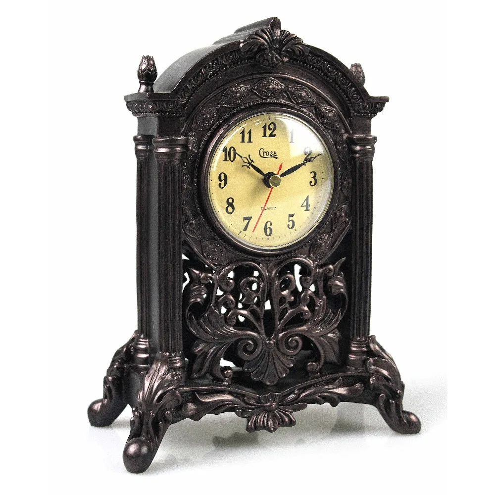 Classic Antiqued Quartz Mantel Clock Decorative Woodlike Sculpture Table Home Office Decorin
