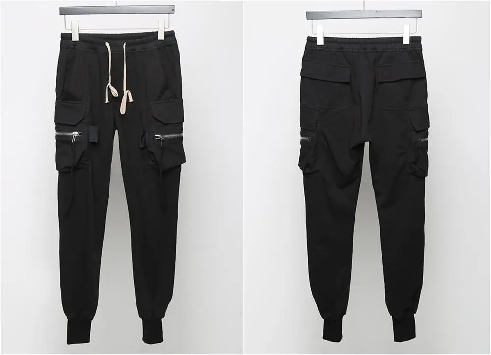 Черные мужские высокие уличные мульти-карманные тонкие облегающие брюки для бега/ботинки повседневные Комбинезоны/Пионерские карманные брюки на молнии/лямки Ni