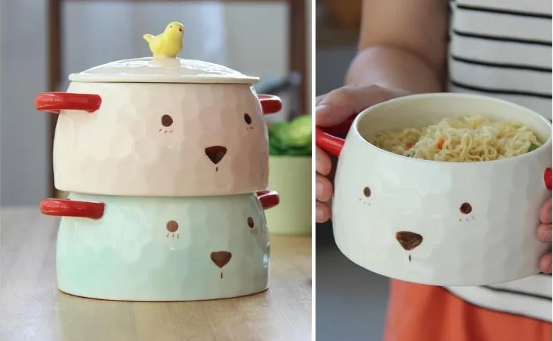 Cute bear ceramic bubble face instant noodles bowl cartoon character Japanese tableware a large salad soup food container | Дом и сад