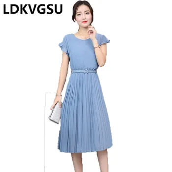 

Blue Short Sleeve Chiffon Pleated Dress Female Summer 2018 New Korean Temperament Butterfly Sleeve Ladies Dress Plus Size Is527