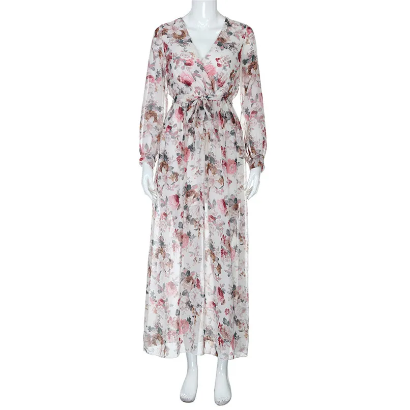 Womens Boho Style Floral Print Splits Long Dress Ladies Casual Short Sleeve V Neck Chiffon White Summer Dresses 2018 40SP27 5 - 