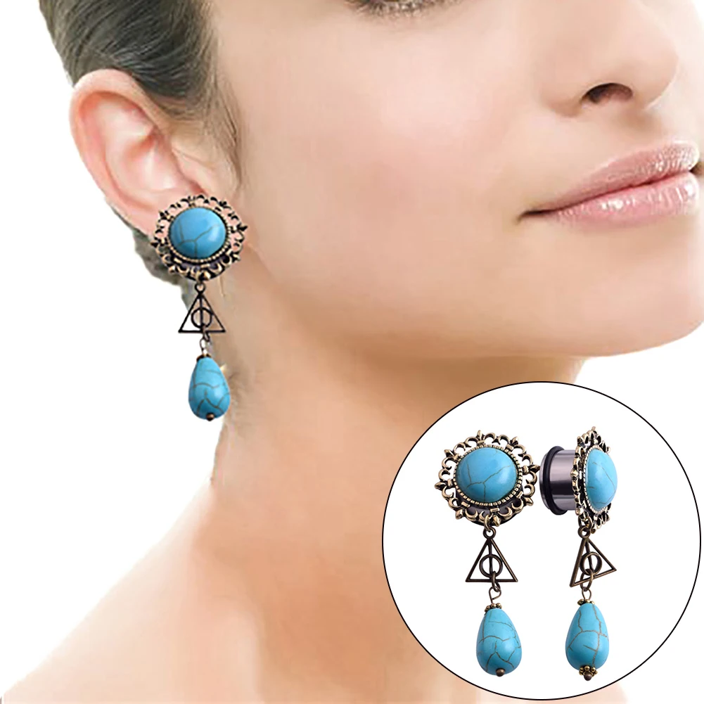Women Retro Hollow Carving Dangle Ear Gauges Expander Piercing Jewelry