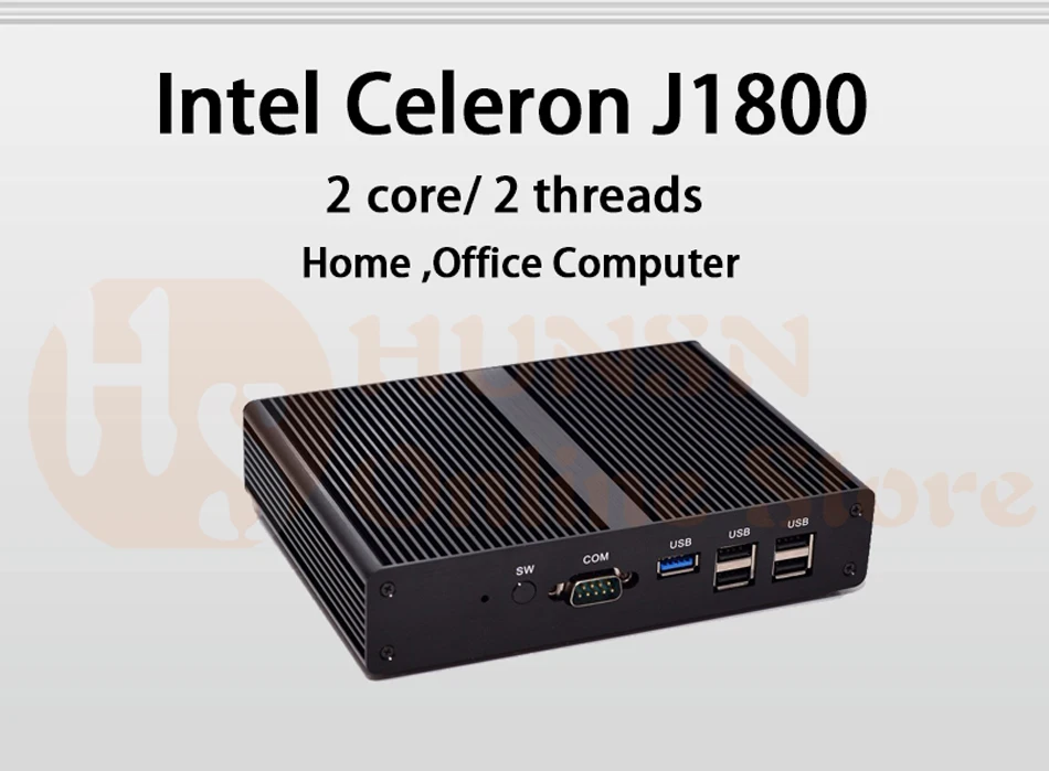 Безвентиляторный мини-ПК, Intel Celeron J1800, Windows 10/Ubuntu, [HUNSN BM10L],(WiFi/VGA/1HD/4USB2. 0/1USB3. 0/1LAN/2COM