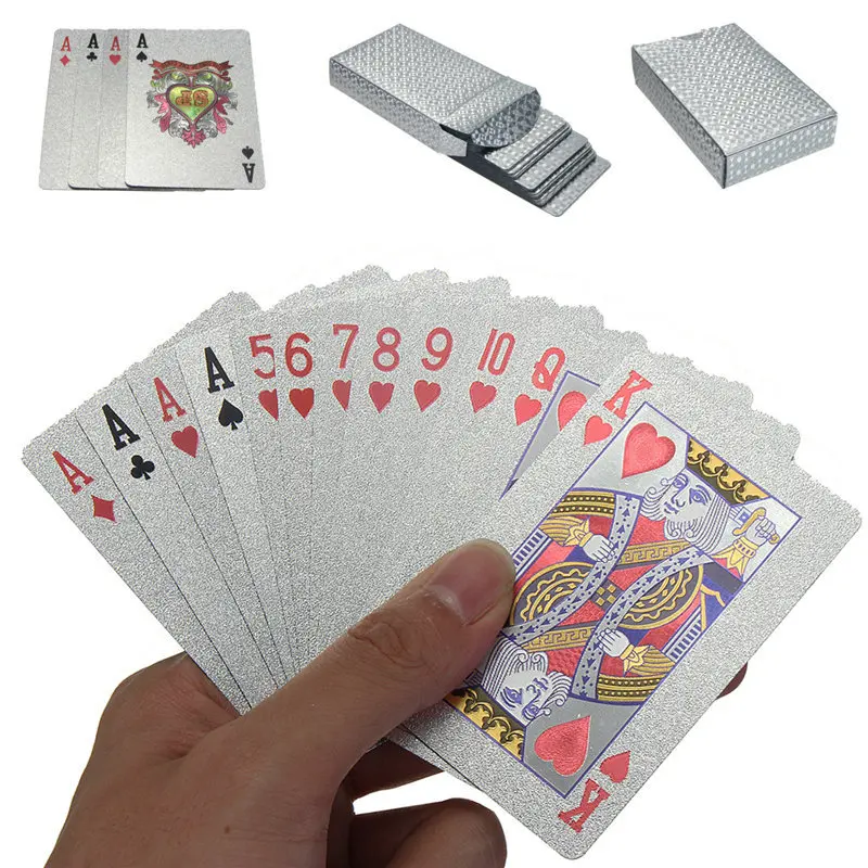 

Hot Sale 54PCS Poker Waterproof Silver Foil Plated Poker Deck 54 Playing Cards Table Games Playing Cards Magic& Box Fun Gift